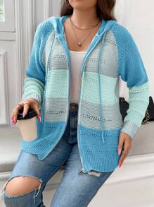 SHEIN LUNE Plus Size Women's Color Block Zipper Front Cardigan