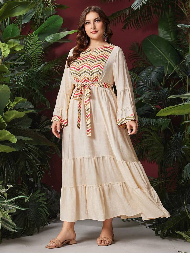 Plus Size Women's Arabian Style Geometric Pattern Dress Kaftan Jalabiya Dress