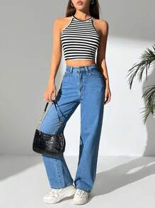 SHEIN PETITE Women's Striped Crop Halter Top - Black and White - View 4