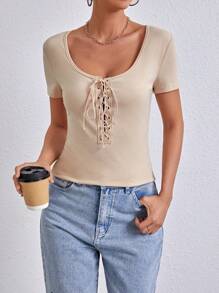 SHEIN Essnce Women's Solid Color Criss-Cross Strap T-Shirt