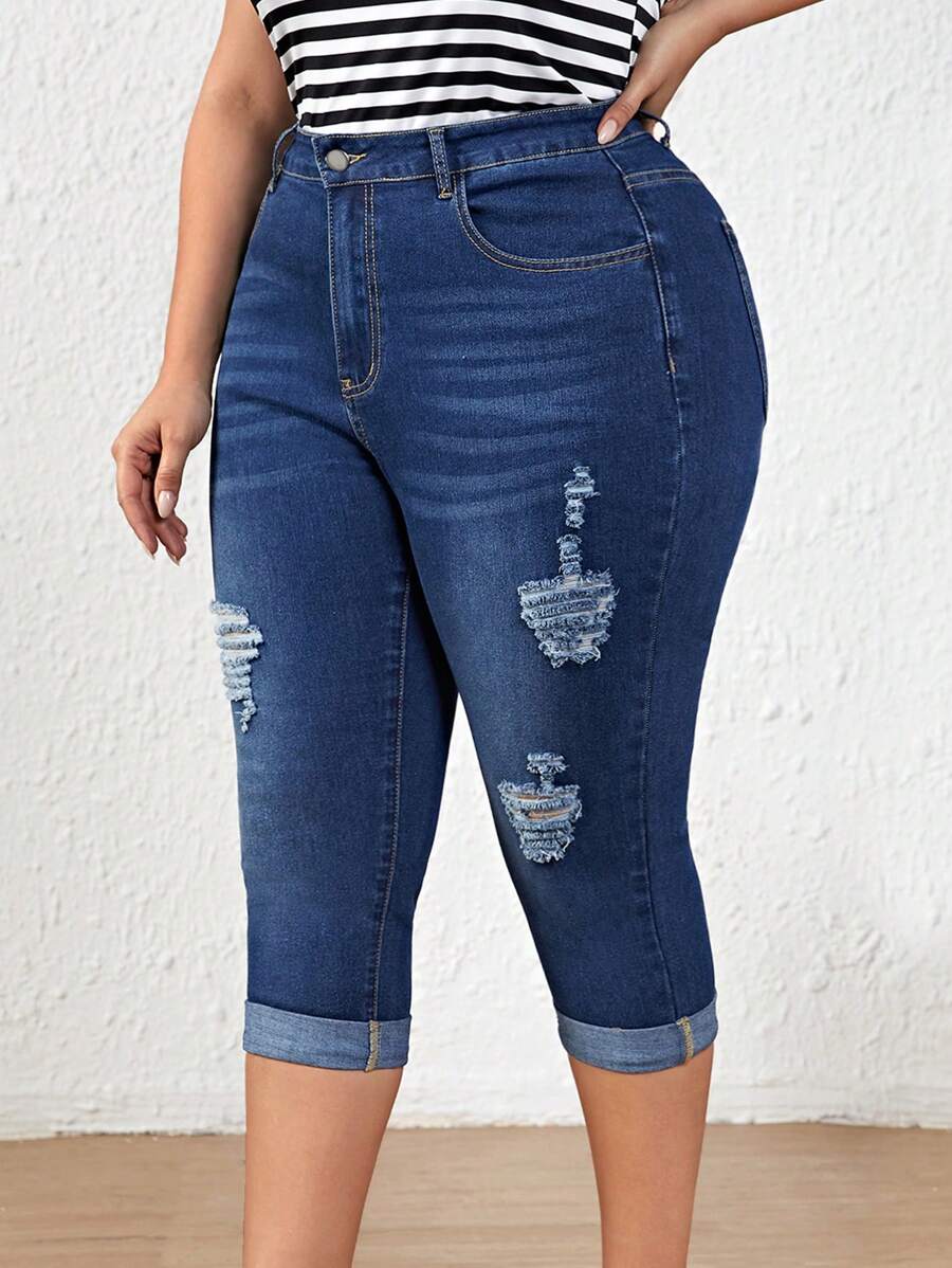 EMERY ROSE Women's Plus Size Ripped Elegant Jeans - Medium Wash - View 1