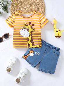 Baby Boy Striped Cartoon Giraffe T-Shirt+Printed Denim Shorts - Multicolor - View 6