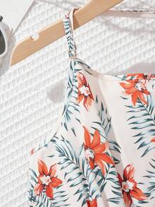 女童花卉印花連身褲，彈性腰圍和肩帶 - 杏色 - 查看 3