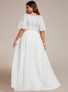 EVERPRETTY Plus Flutter Sleeve Sequin Mesh Wedding Dress - White - View 2