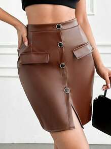 RueChic Button Front Flap Detail PU Leather Skirt