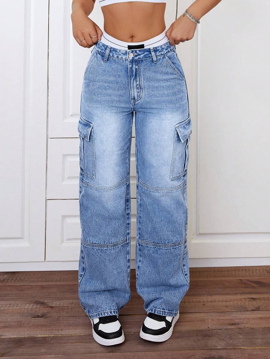 SHEIN ICON 水洗貨運牛仔褲 - 中等水洗藍 - 查看 1