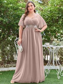 UNITHORSE Plus Size Women's Bridesmaid Chiffon Dress With Ruched Chest And Flare Sleeve - Baby Pink - View 4