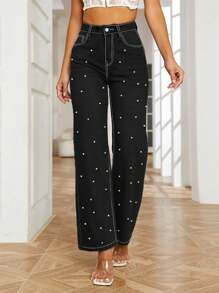 Elegant Faux Pearl Beaded High Waisted Straight Leg Jeans - Black - View 1