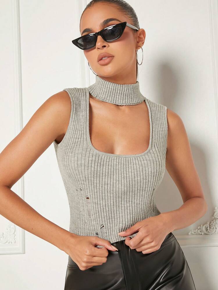 Women Halter Square Sweater Tank Top