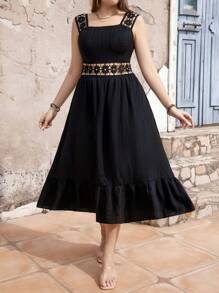 SHEIN Clasi Đầm Maxi Ren Màu Trơn Cỡ Lớn Cho Nữ Trang Phục - màu đen - Xem 5