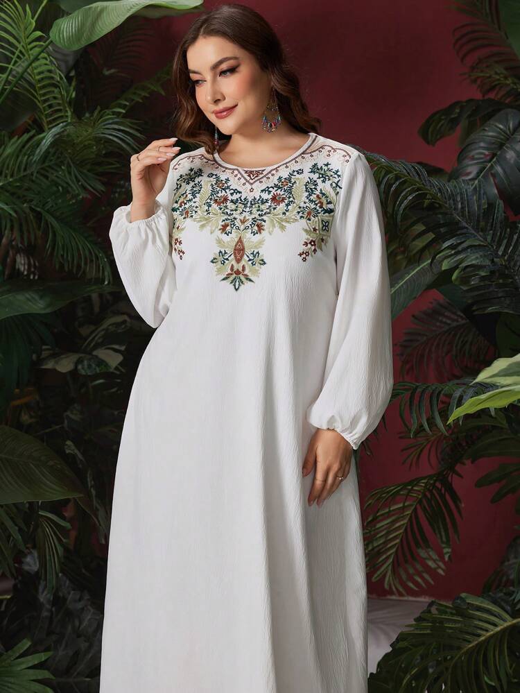 Plus Size Floral Embroidery Lantern Sleeve Dress Fall Cloth For Women