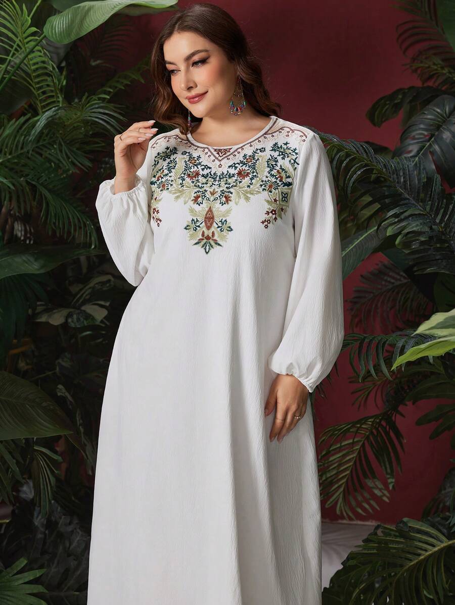 Al Najma Plus Size Floral Embroidery Lantern Sleeve Dress Fall Cloth For Women - White - View 1