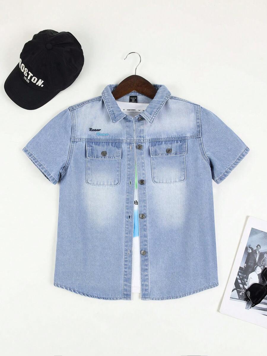Tween Boys' Short Sleeve Denim Top With Water Washed Effect And Letter Embroidery, Spring/Summer - Medium Wash - View 1