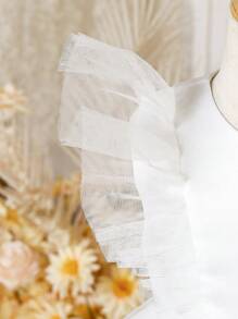 SHEIN Glamorique Kids 年輕女孩華麗的蓬蓬袖白色蕾絲公主禮服，適用於婚禮花童、晚會禮服、生日派對 - 白色 - 查看 4