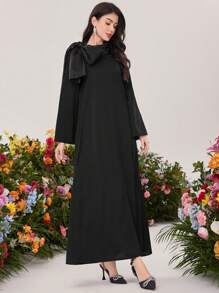 Al Najma Vestido De Estilo Árabe Con Mangas De Volantes Y Cuello Decorado Con Lazo - Negro - Ver 7