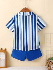 SHEIN 男童色塊條紋襯衫和實色短褲套裝 - 寶藍色 - 查看 2