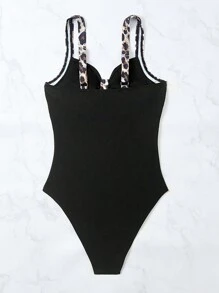 Swim Lushoire 1pc Women Leopard Print Pleated One-Piece Swimsuit, Beach Vacation, 2025 Summer - Black - View 2