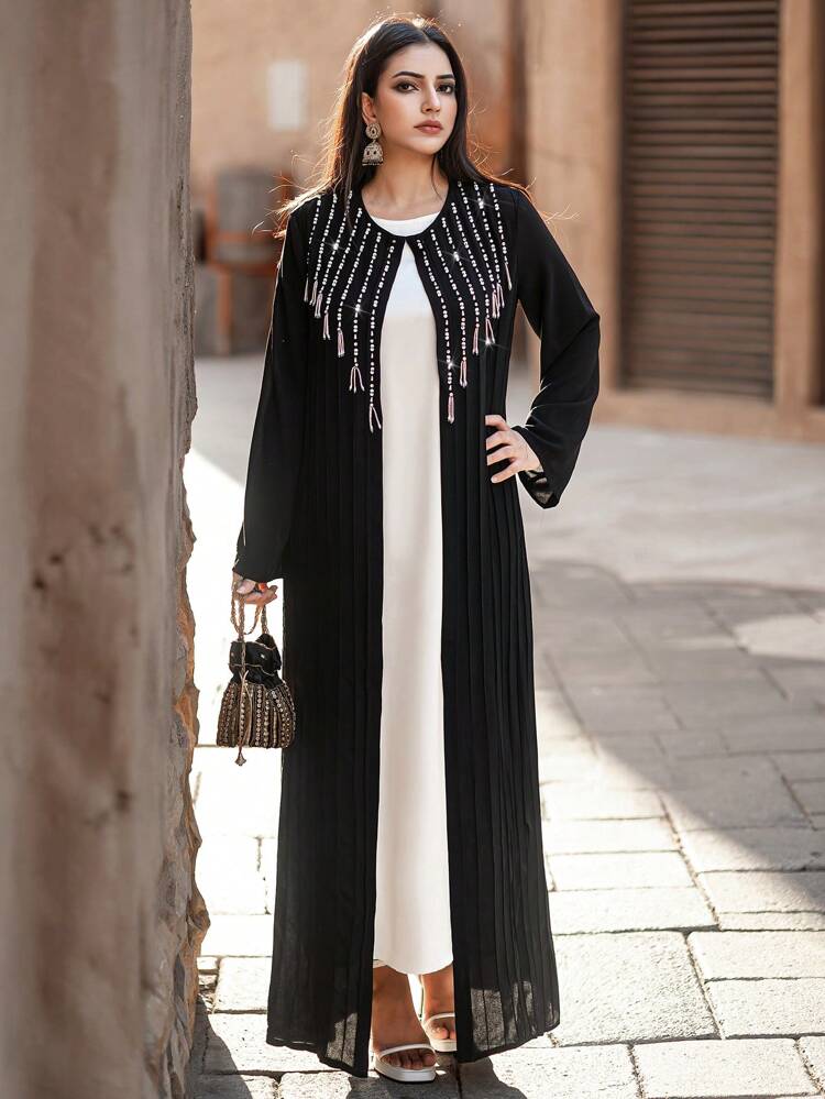 Women's Heavy Beaded Elegant Long Maxi Length Robe Abaya, Muslim Fashion Abaya For Casual/Festival/Gathering/Travel