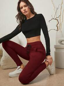 SHEIN Essnce 女式緊身束腰長褲 - 酒紅色 - 查看 5