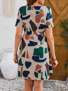 EMERY ROSE 几何色块系带前短袖女式夏季连衣裙，优雅 - 彩色 - 查看 2