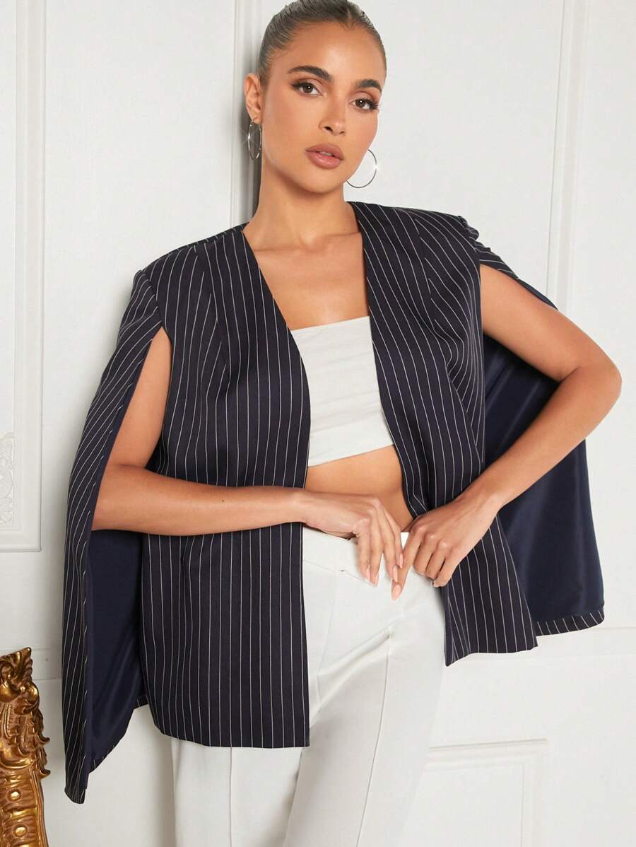 Hauture Striped Open Front Cape Coat - Navy Blue - View 1