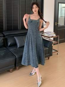 DAZY Của phụ nữ Denim Váy Dây - Rửa trung bình - Xem 4