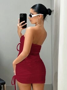 SHEIN ICON Màu thuần Dây rút Quần bó Bộ đồ - Đỏ - Xem 2