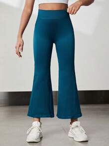 SHEIN Tween Girls' Workout High Waisted Flared Pants With Stretchy Fabric - Blue - View 4