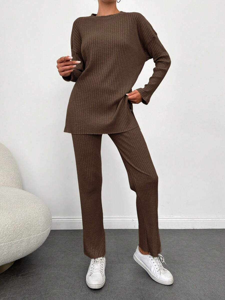SHEIN Cottnline Women'S Solid Color Ribbed Knit 2pcs Set - Brown - View 1