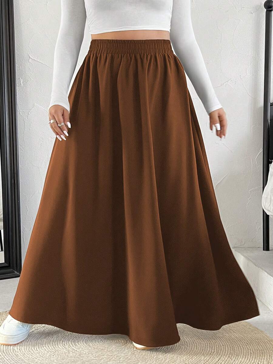 SHEIN EZwear Plus Size Elastic Waist Super A-Line Skirt - Brown - View 1