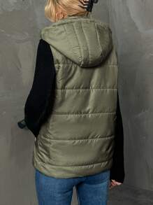 RueChic Pocket Side Zipper Front Vest Hooded Puffer Coat - Green - View 2