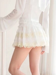 SHEINNeu 夏季白色裙子芭蕾蝴蝶结可爱公主裙撞色蕾丝荷叶边迷你短裙 - 白色 - 查看 2