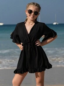 Tween女孩黑色V領A字型束腰遮覆