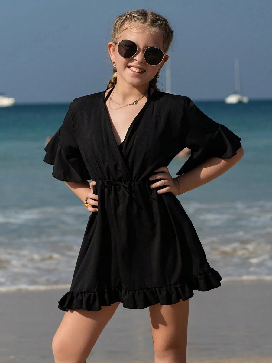 Tween女孩黑色V領A字型束腰遮覆