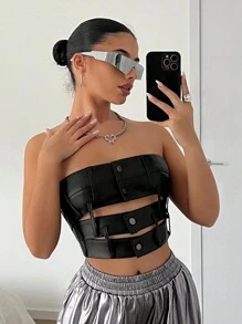 SHEIN ICON Top De Poliuretano Con Corsé Negro Sin Tirantes Y Diseño De Cintura - Negro - Ver 1