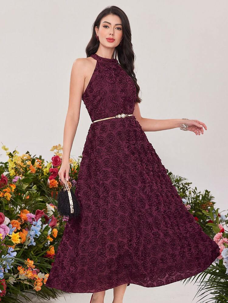Burgundy Red Women's Sleeveless Halter Neck 3d Floral Dress Long Evening Dresses