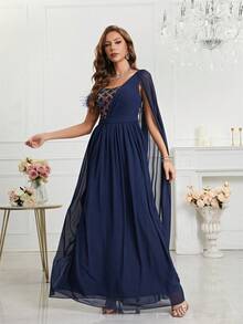 Sequin & Faux Fur Splice Cape Sleeve Chiffon Party Dress - Navy Blue - View 1