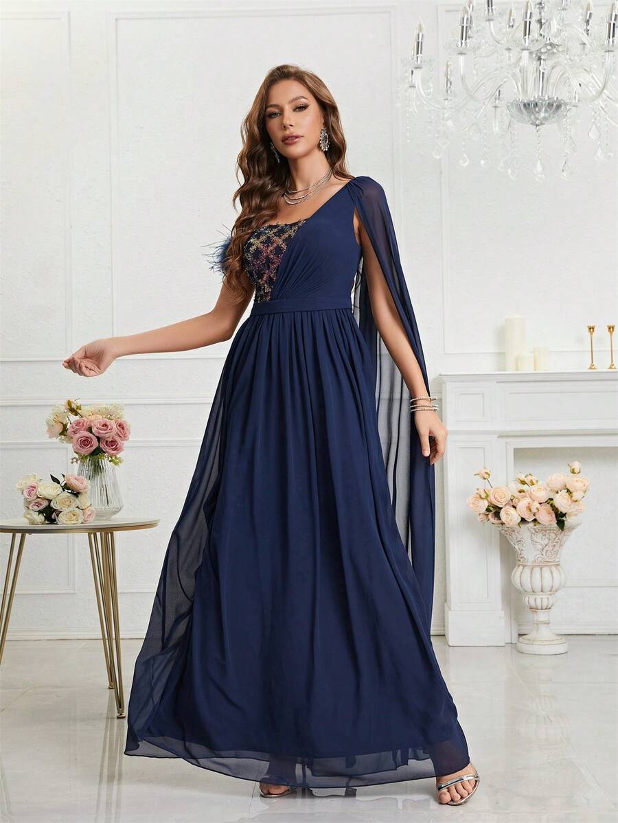 Sequin & Faux Fur Splice Cape Sleeve Chiffon Party Dress - Navy Blue - View 1
