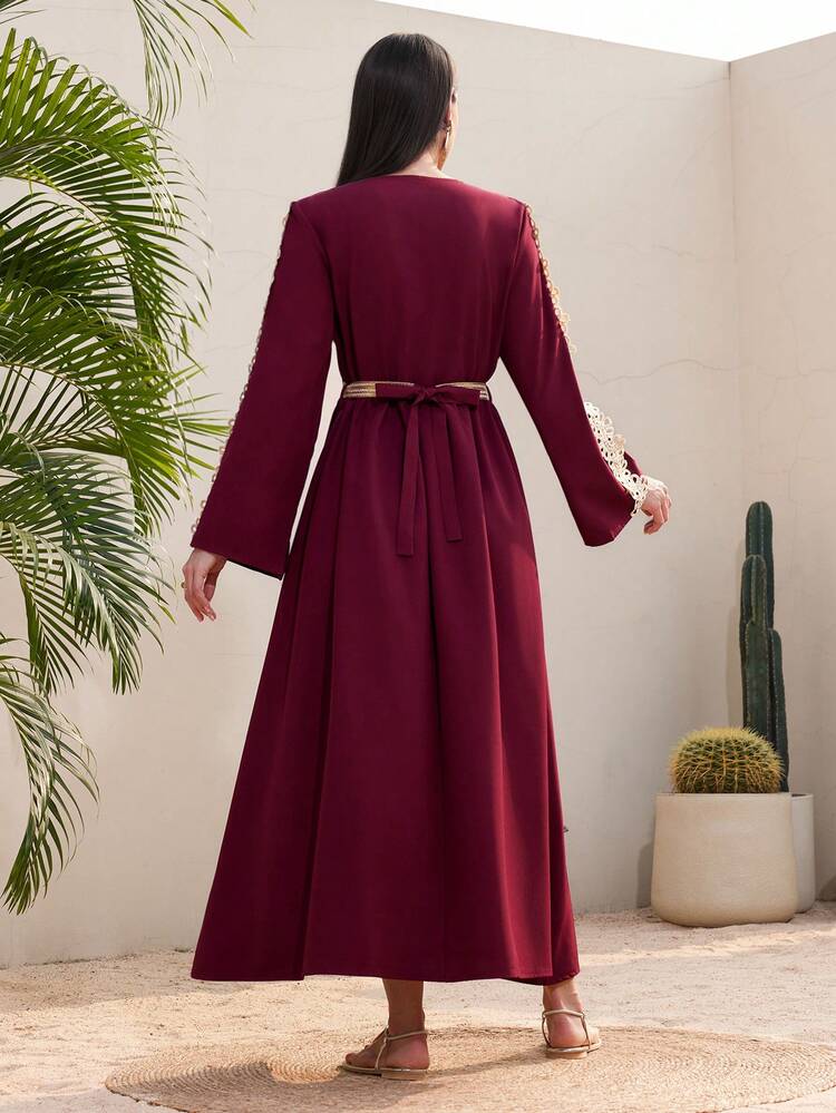 Burgundy Red Women Long Sleeve Embroidery V-Neck Long Arabian Dress
