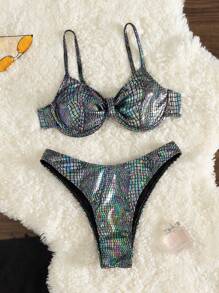 SHEIN Swim 女士鳄鱼纹比基尼套装（带钢圈）夏季海滩 - 灰色 - 查看 3