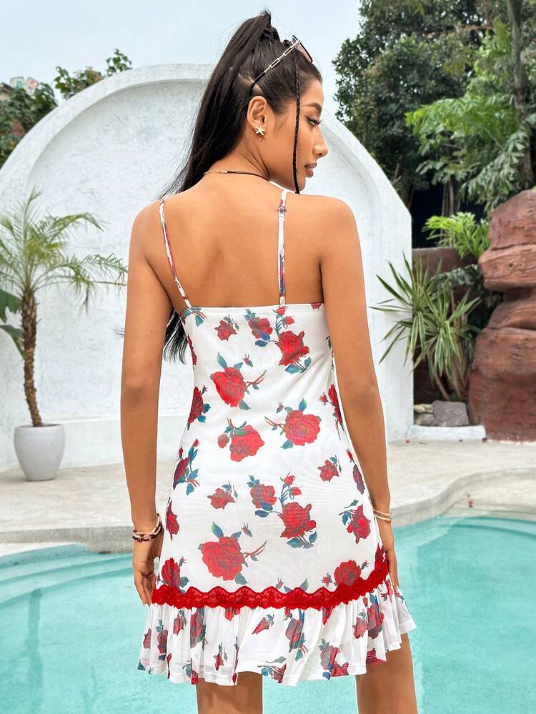 Women's Floral Printed Lace Panel Spaghetti Strap Dress