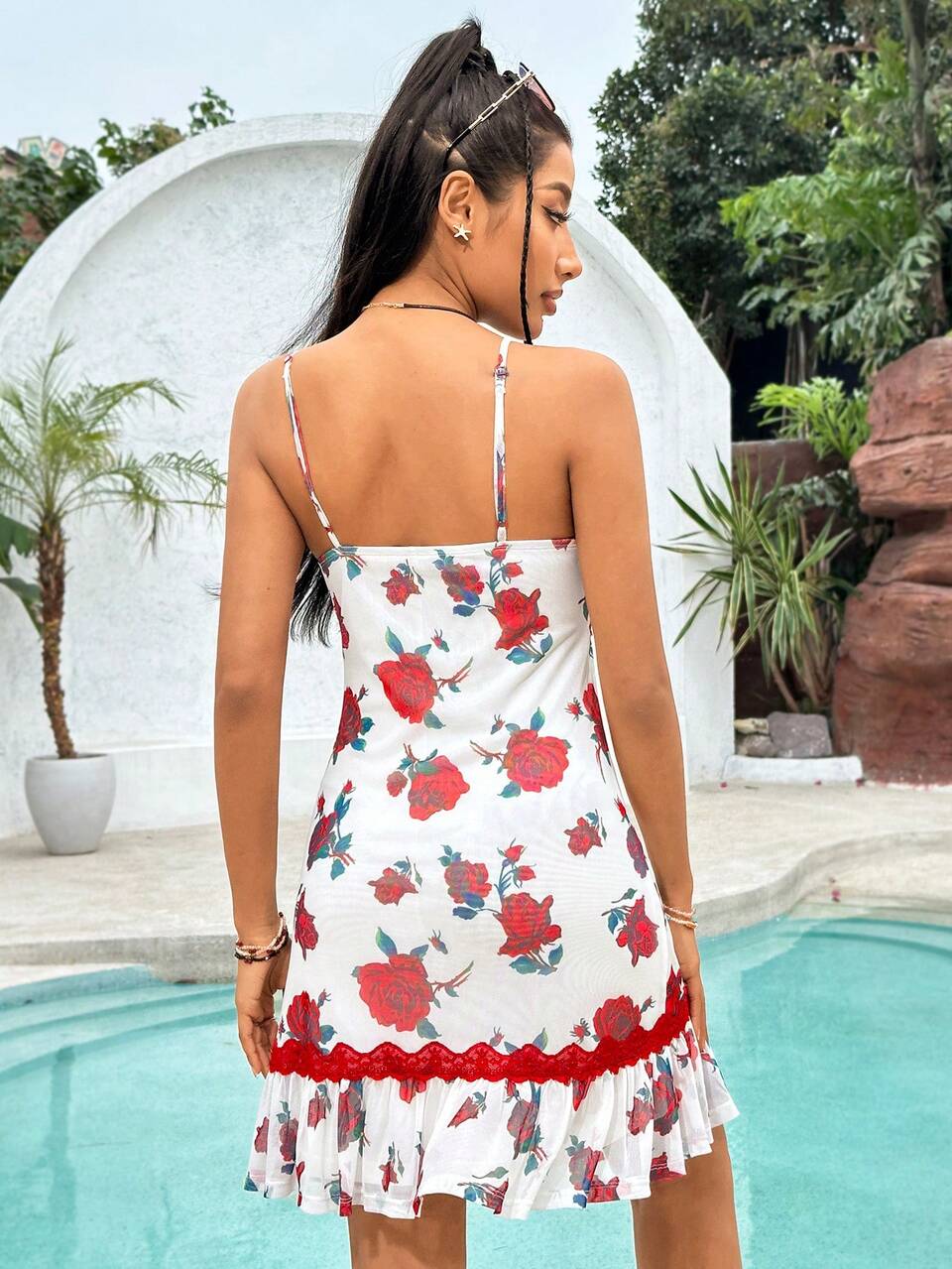 Women's Floral Printed Lace Panel Spaghetti Strap Dress