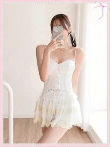 SHEINNeu 夏季白色裙子芭蕾蝴蝶结可爱公主裙撞色蕾丝荷叶边迷你短裙 - 白色 - 查看 6