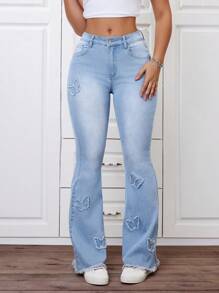 SHEIN ICON Butterfly Patch Flared Jeans - Light Wash - View 1