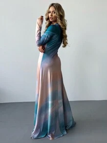 SHEIN Privé Của phụ nữ Bóng Tay áo dài Đầm - Màu xanh lam - Xem 2