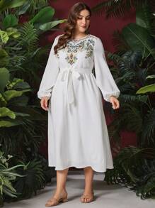 Al Najma Plus Size Floral Embroidery Lantern Sleeve Dress Fall Cloth For Women - White - View 5