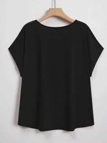 Lacomfia Plus Size Women's Solid Color Batwing Sleeve T-Shirt - Black - View 2