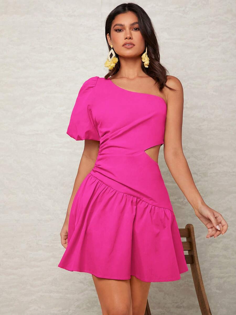 Soleia Vestido Unicolor Con Dobladillo Con Volantes Y Un Hombro - Rosa Fucsia - Ver 1