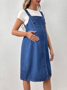 SHEIN Loose Fit Maternity Denim Dress With Pockets - Dark Wash - View 1