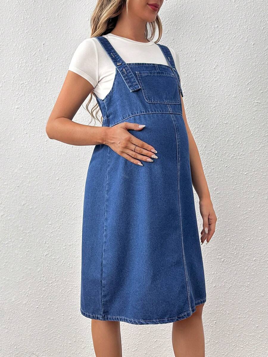 SHEIN Loose Fit Maternity Denim Dress With Pockets - Dark Wash - View 1